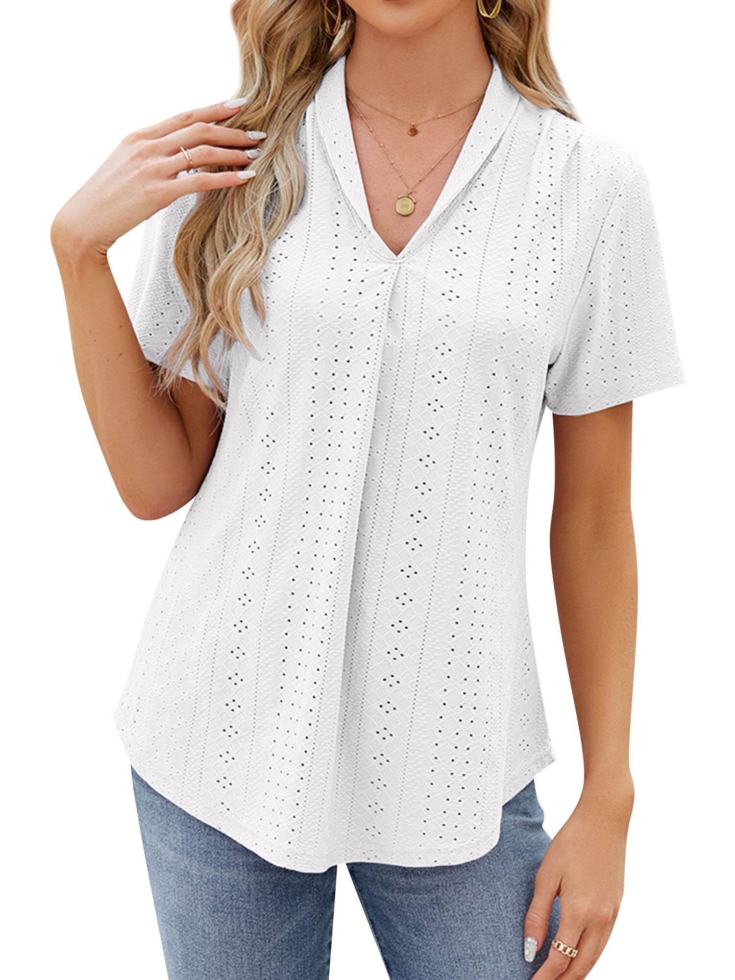 ZXSXSY Women's Eyelet V Neck Short Sleeve Solid Color Blouse