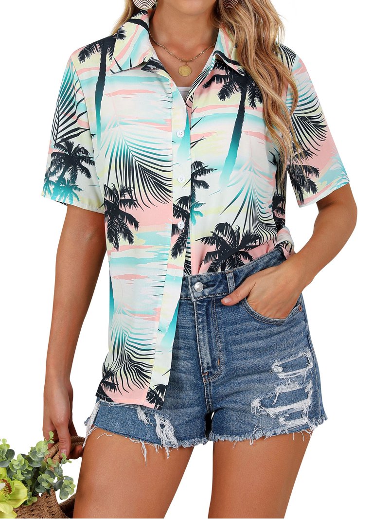 ZXSXSY Womens Hawaiian Floral Print Button-Up Short Sleeve Shirts