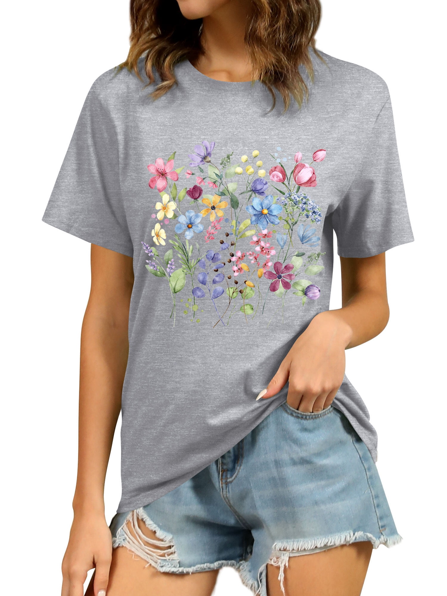 SHEIN Flower Print Round Neck T shirt Women Weekend Casual