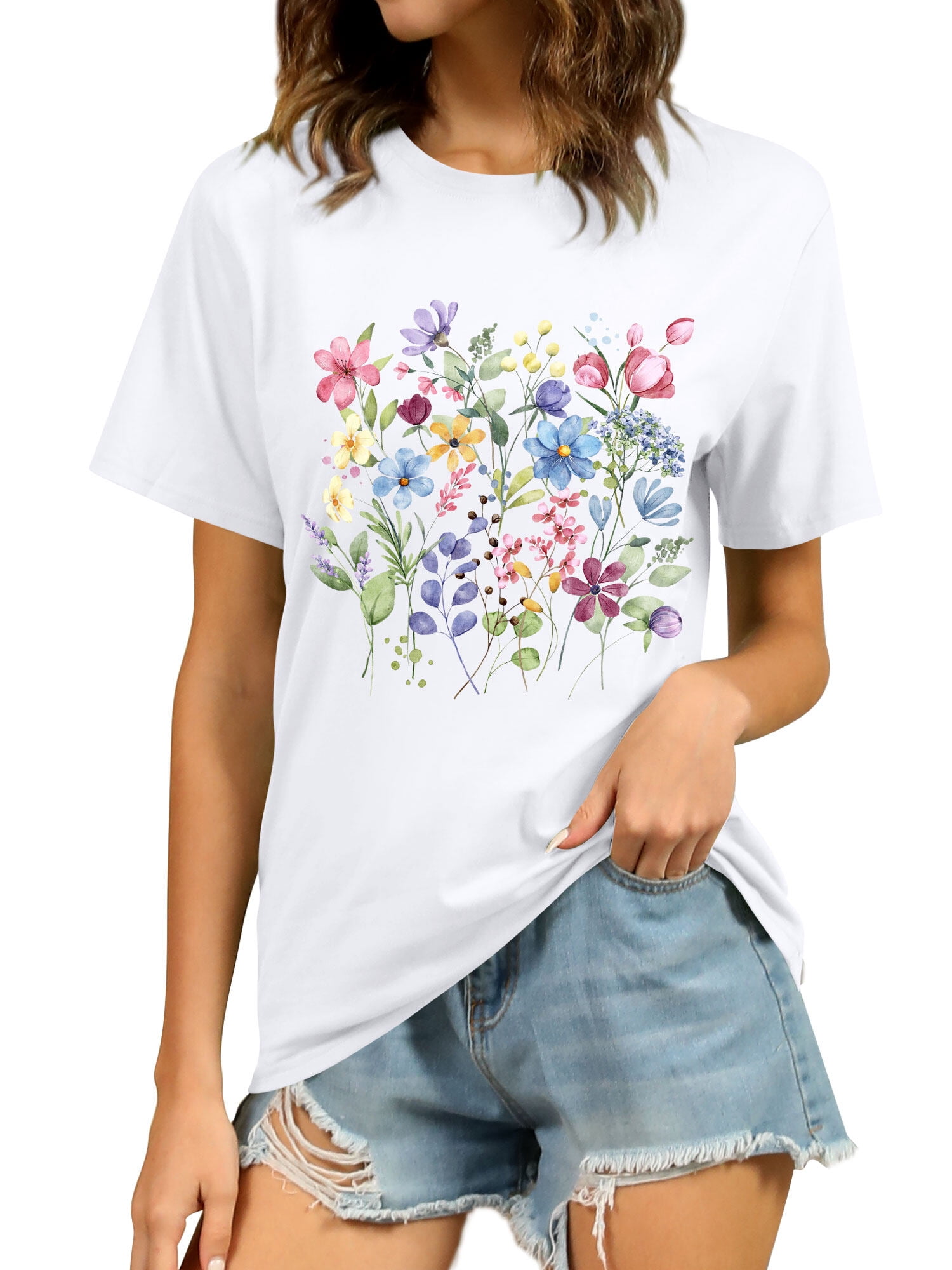ZXSXSY Women's Floral Print Graphic Tee Crew Neck Short
