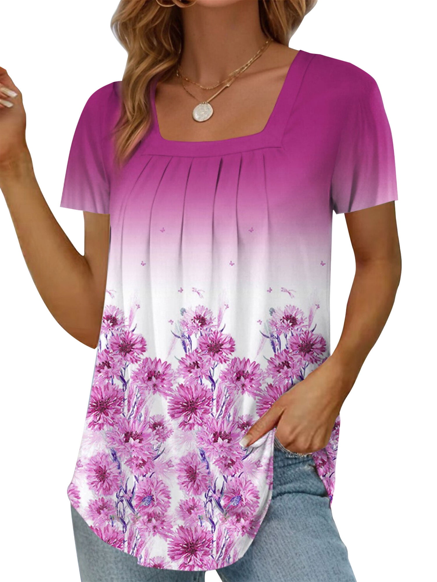 ZXSXSY Women's Floral Print Square Neck Pleated Short Sleeve Top