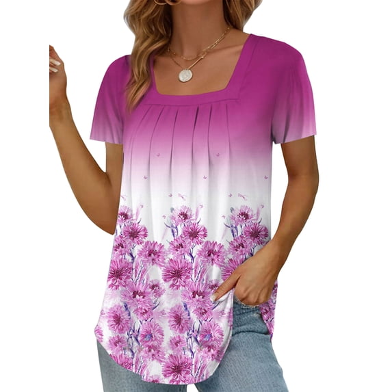 ZXSXSY Women's Floral Print Square Neck Pleated Short Sleeve Top