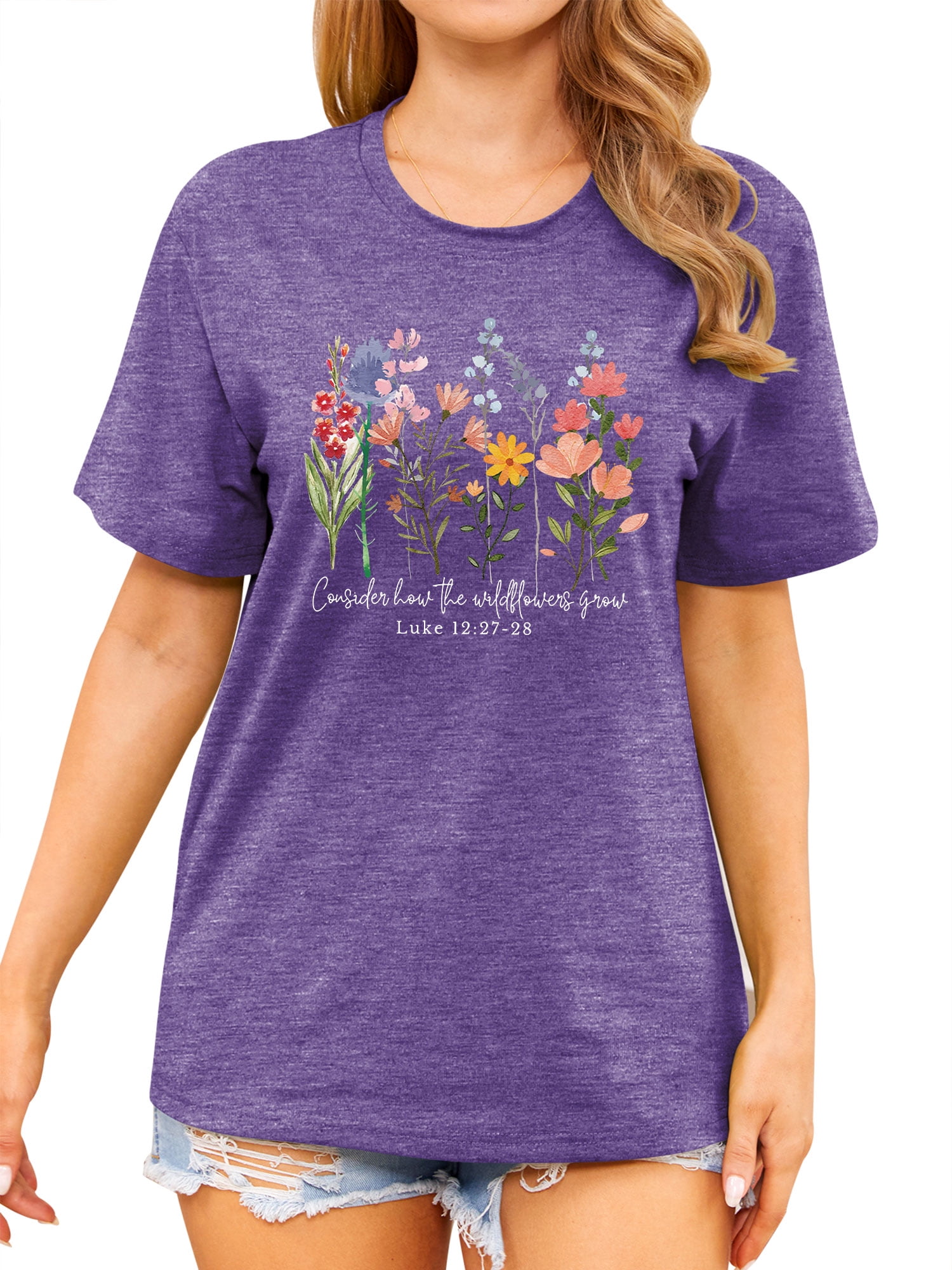トップス tean ZXSXSY Women's Graphic Tees Floral Letter Print Tops Crew Neck