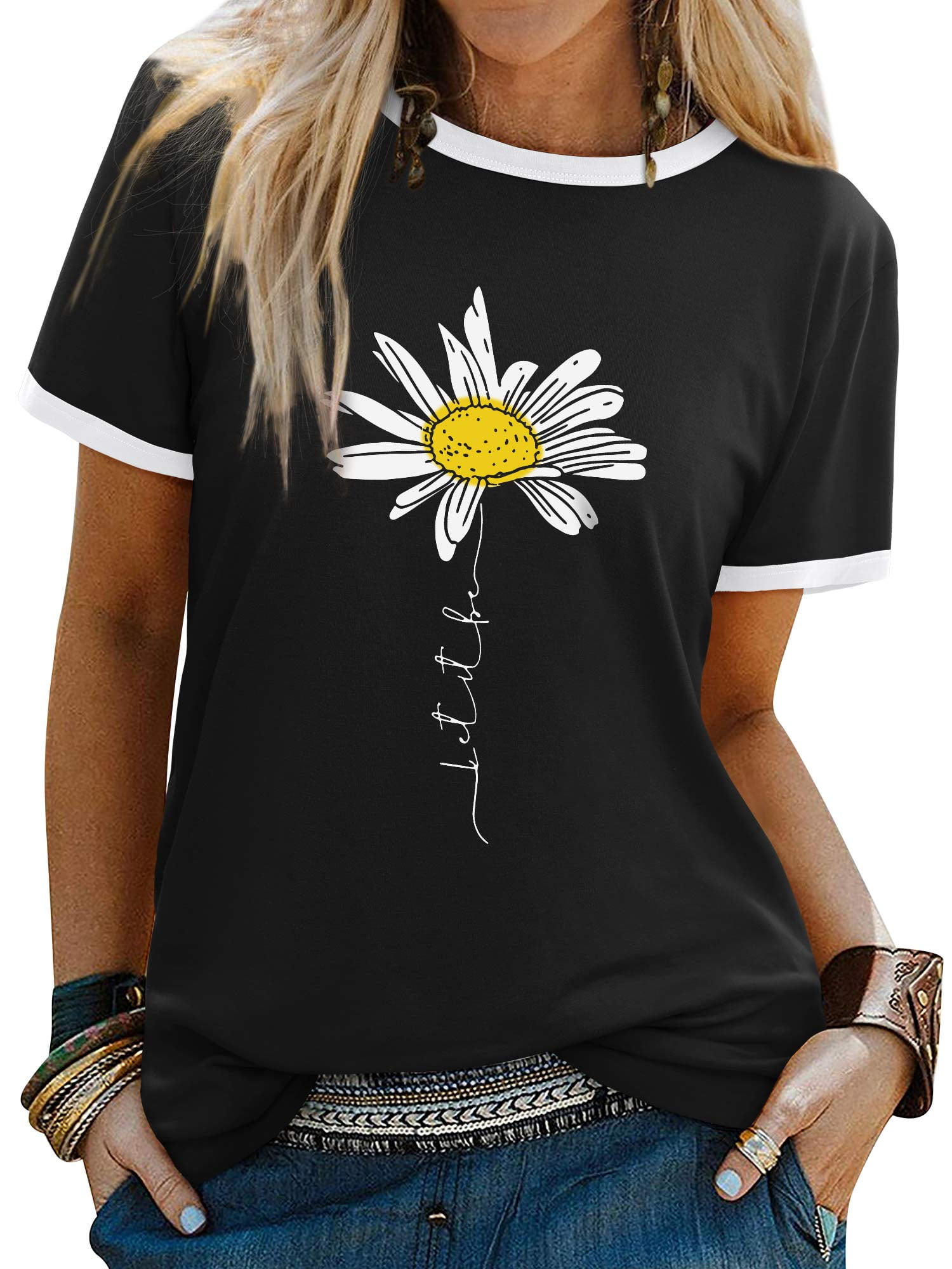ZXSXSY Women's Graphic Tees Casual Summer Funny Daisy Print Short