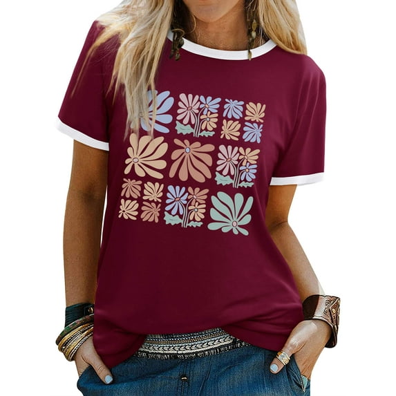 ZXSXSY Women's Graphic Tees Floral Print Tops Color Block Crew Neck Short Sleeve Casual T-Shirts