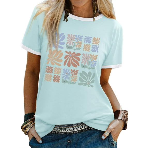 ZXSXSY Women's Graphic Tees Floral Print Tops Color Block Crew Neck Short Sleeve Casual T-Shirts