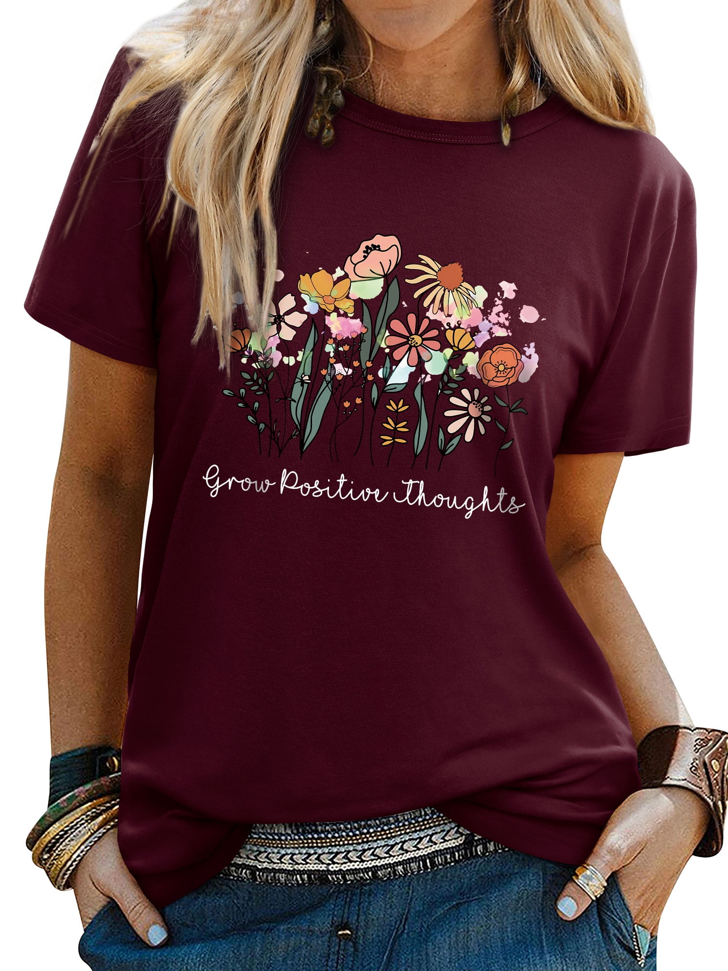 R_babys ZXSXSY Women's Graphic Tees Positive Thoughts Floral Letter