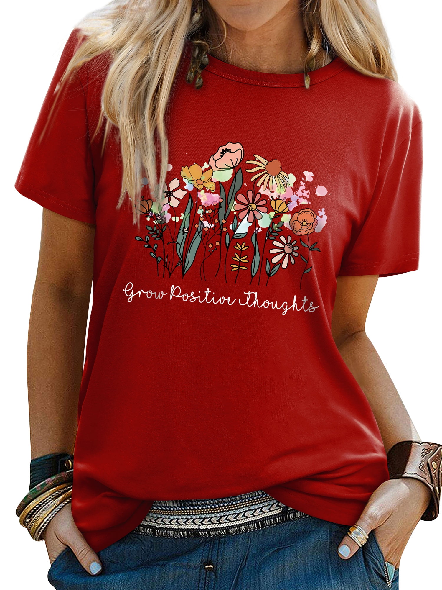 ZXSXSY Women's Graphic Tees Positive Thoughts Floral Letter Print