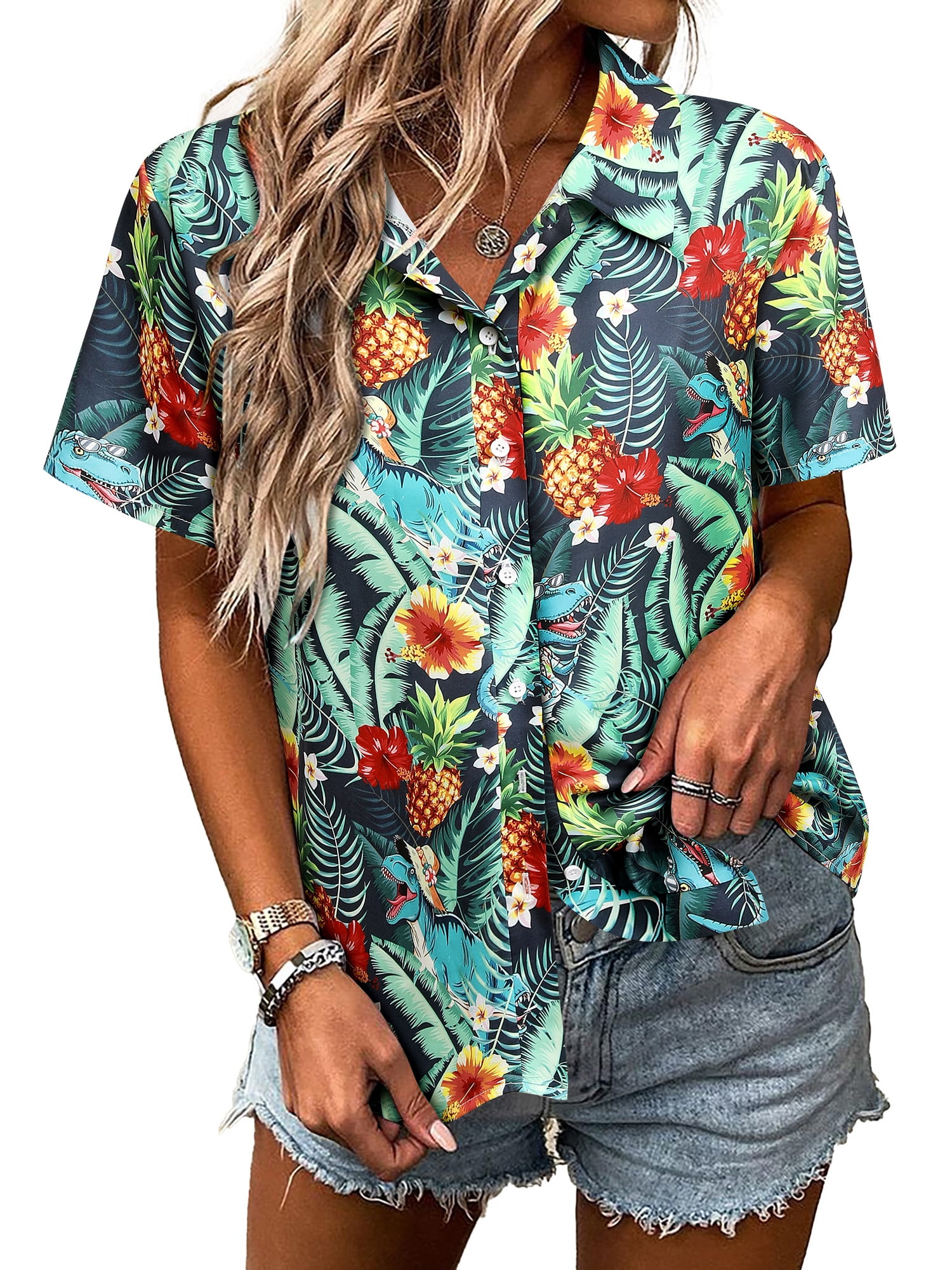 S ZXSXSY Women's Hawaiian Button Down Shirts Casual Short Sleeve