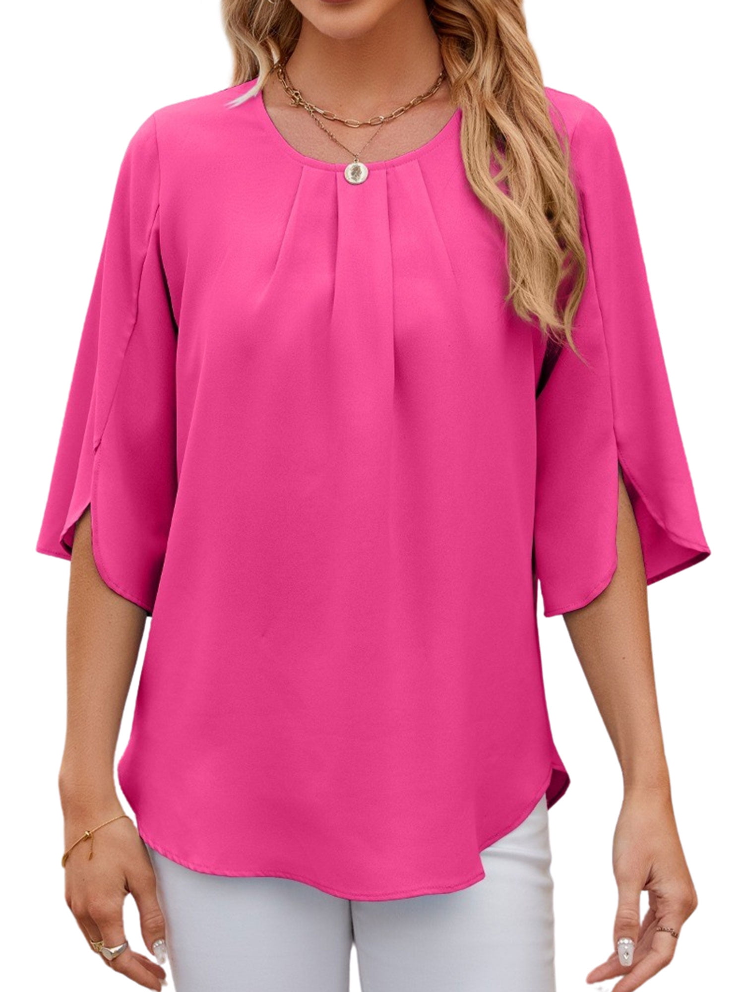 ZXSXSY Women's Round Neck Half Sleeves Solid Color Flowy Blouse