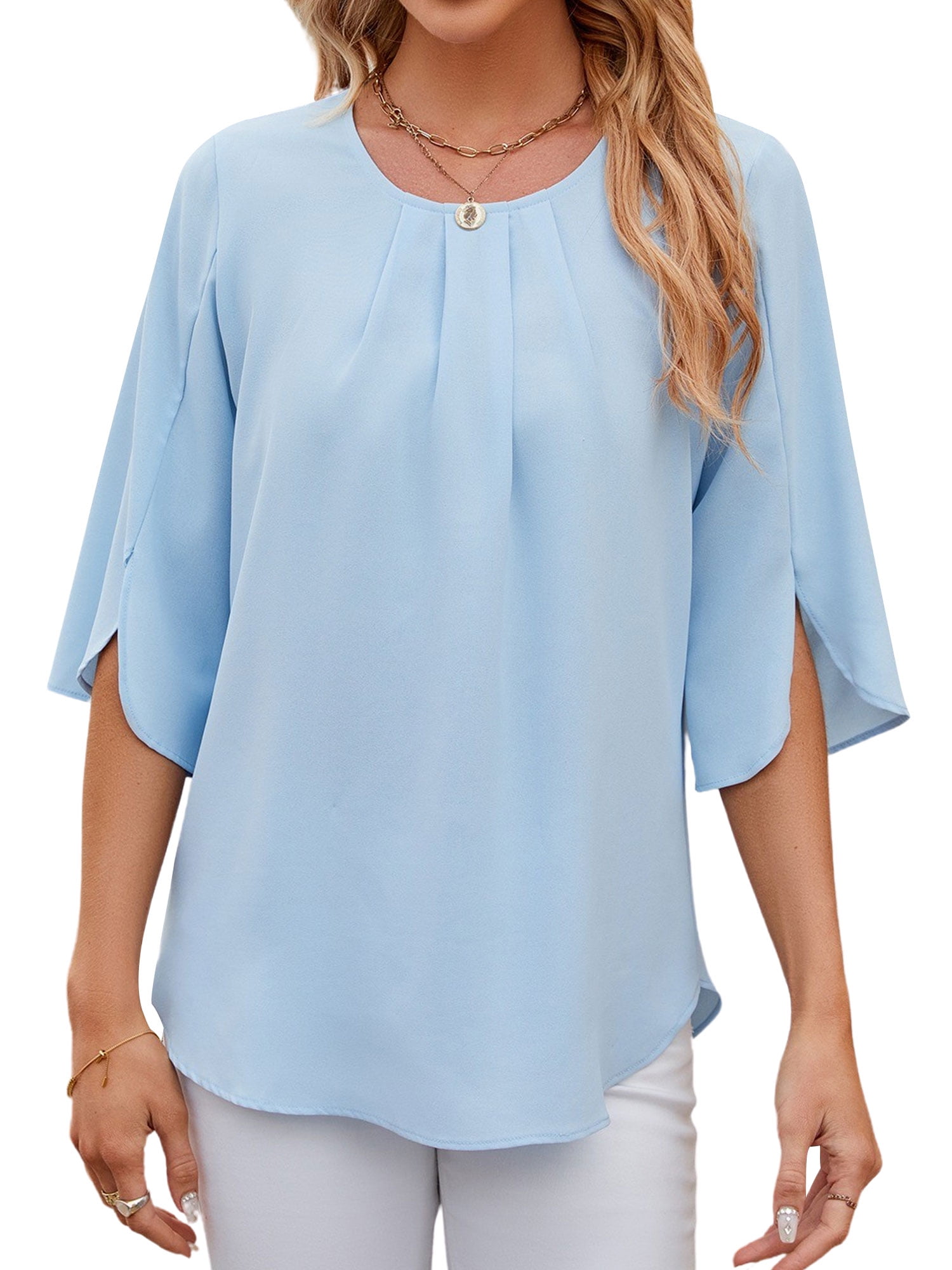 ZXSXSY Women's Round Neck Half Sleeves Solid Color Flowy Blouse