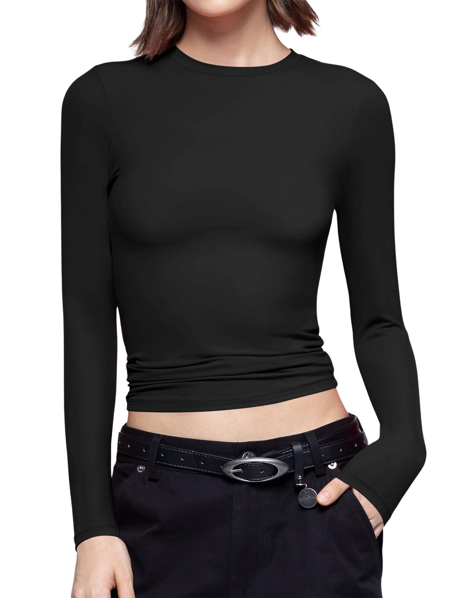 ZXSXSY Women's Sexy Slim Tops Trendy Pure Color Round Neck Long
