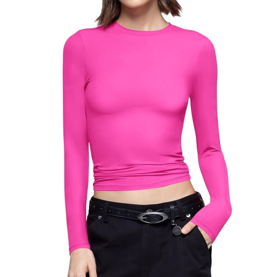 ZXSXSY Women's Sexy Slim Tops Trendy Pure Color Round Neck Long Sleeve Stretchy Basic Tee Shirts