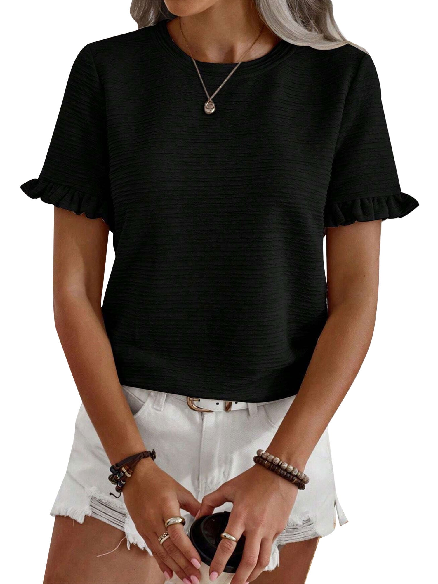 ZXSXSY Women's Textured Crew Neck Ruffle Short Sleeve Top