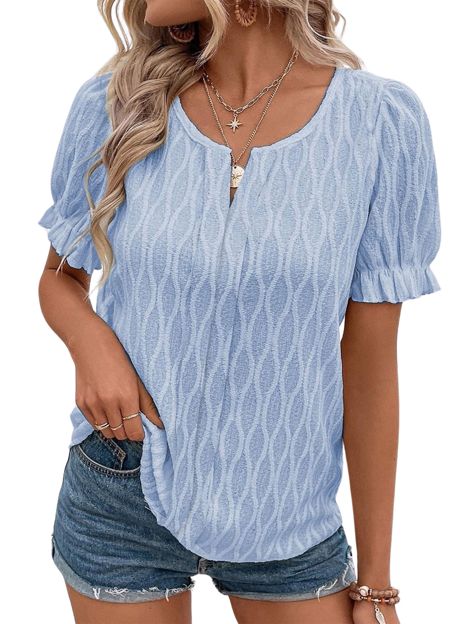 ZXSXSY Women's Textured Ruffle Short Sleeve Solid Color Dressy