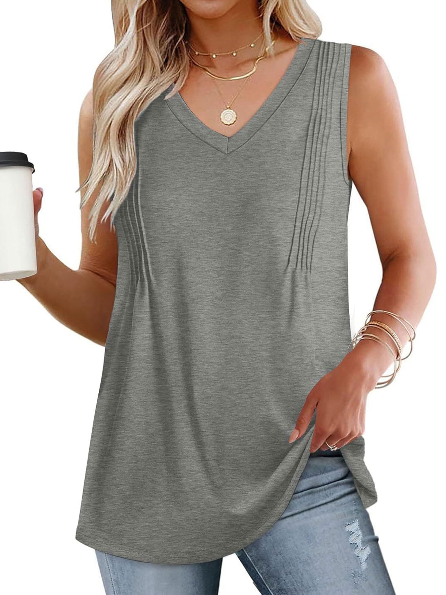 ZXSXSY Women's V-Neck Pleated Sleeveless Solid Color Tank Top