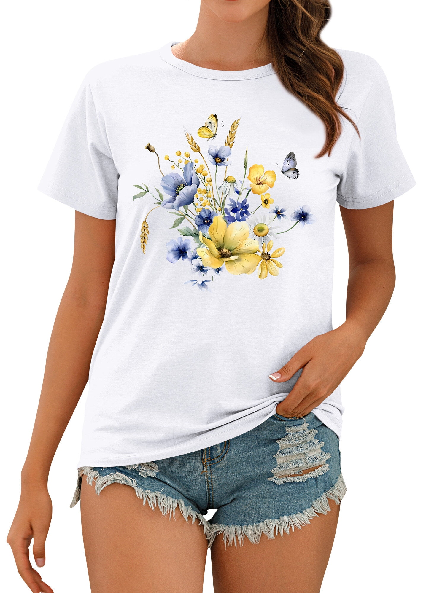 ZXSXSY Womens Floral Butterfly Print Crewneck Short Sleeve