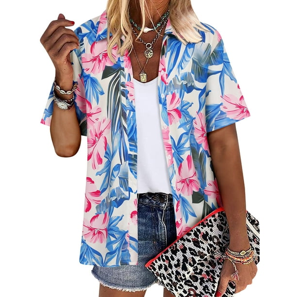 ZXSXSY Womens Hawaiian Floral Print Button-Up Short Sleeve
