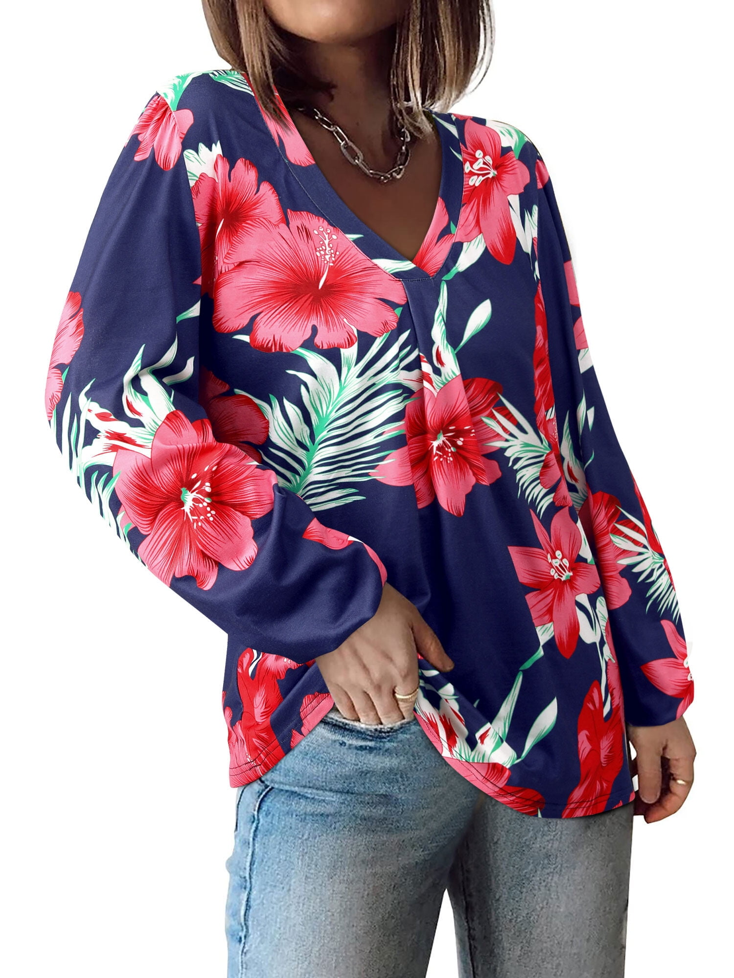 ZXSXSY Womens Floral Print V Neck Long Sleeve Hawaiian Top
