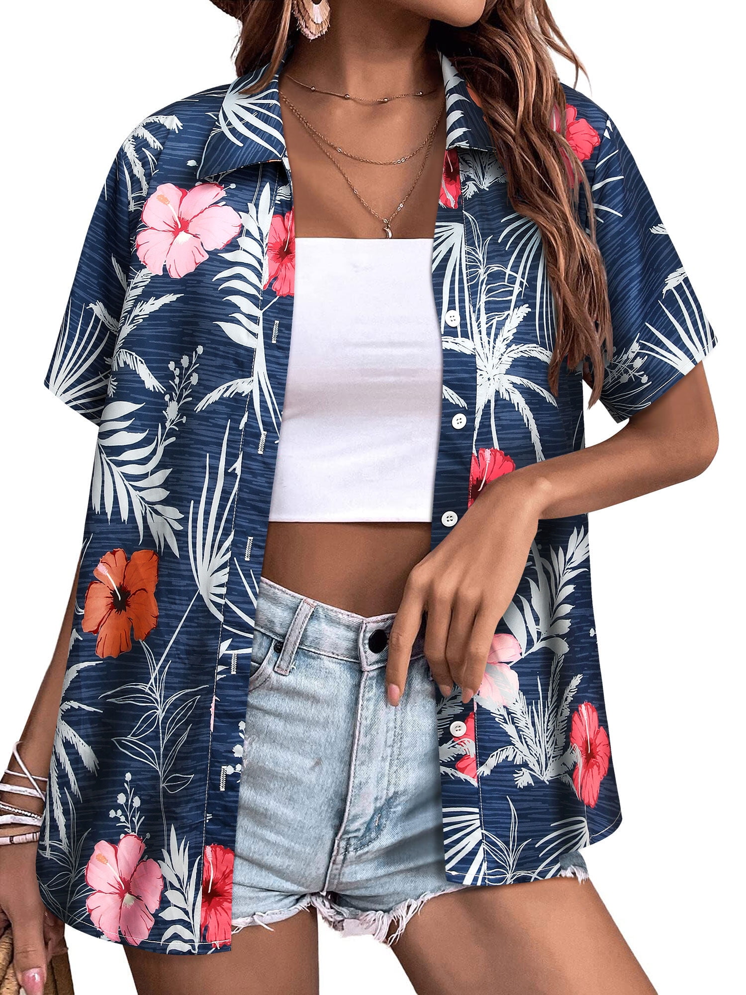 Happy ZXSXSY Button Down Hawaiian Shirts for Women Short Sleeve Floral