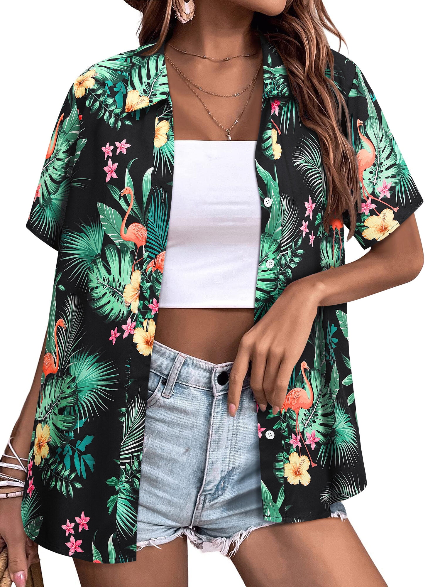 Happy ZXSXSY Button Down Hawaiian Shirts for Women Short Sleeve Floral