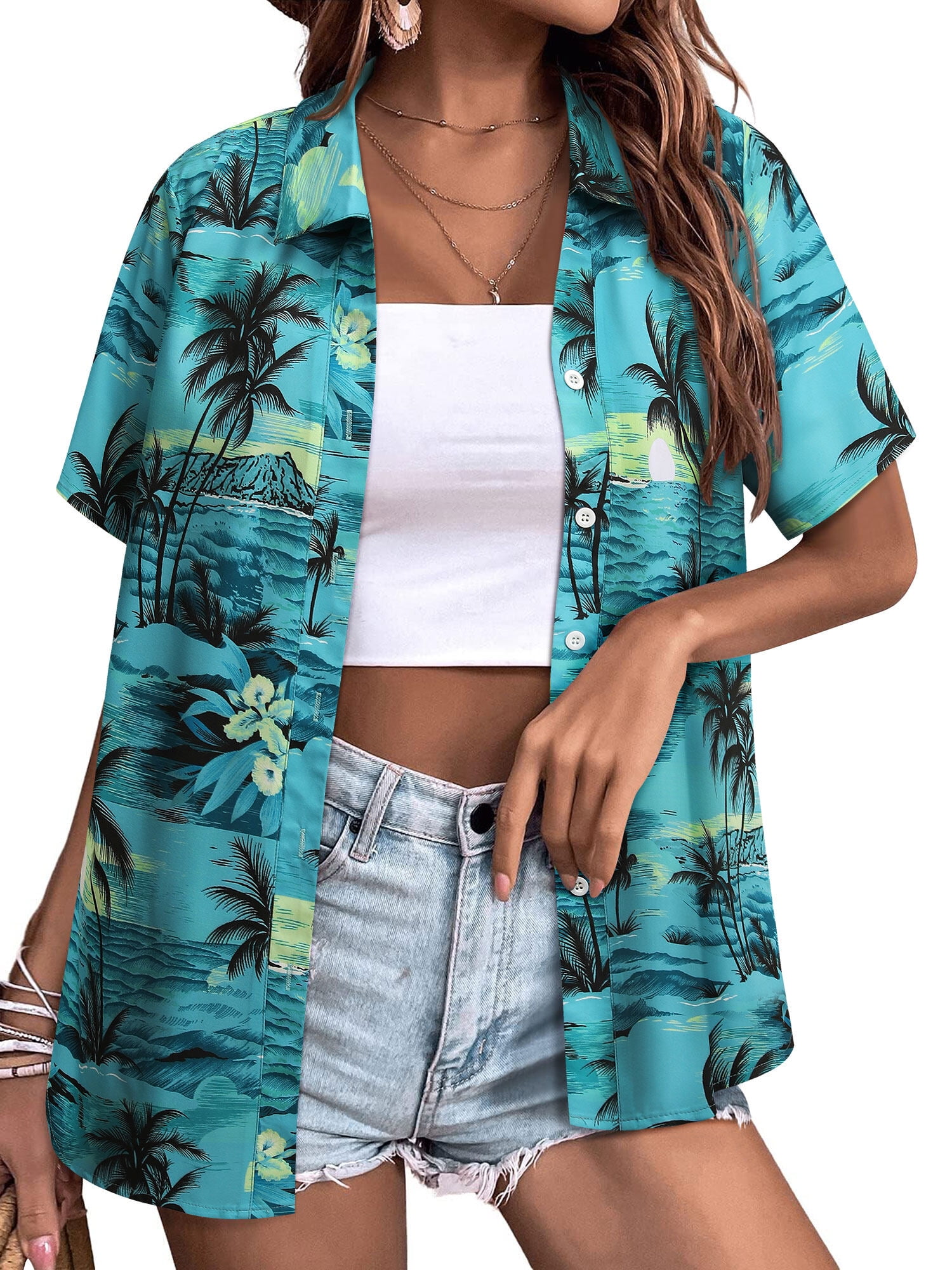 ZXSXSY Button Down Hawaiian Shirts for Women Short Sleeve Floral