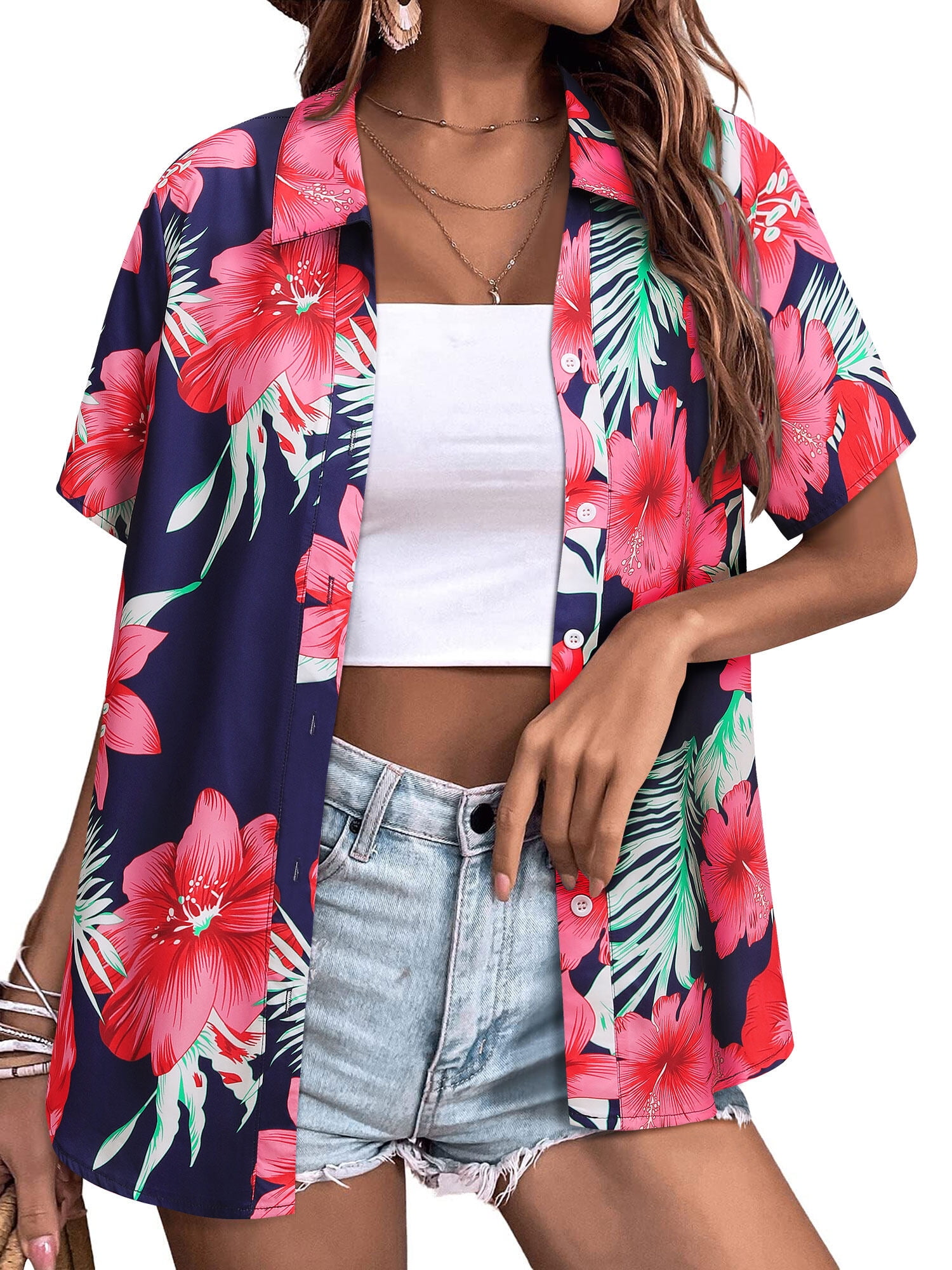 ZXSXSY Button Down Hawaiian Shirts for Women Short Sleeve