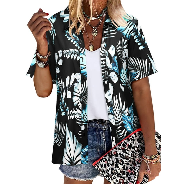 ZXSXSY Womens Hawaiian Floral Print Button-Up Short Sleeve Shirts