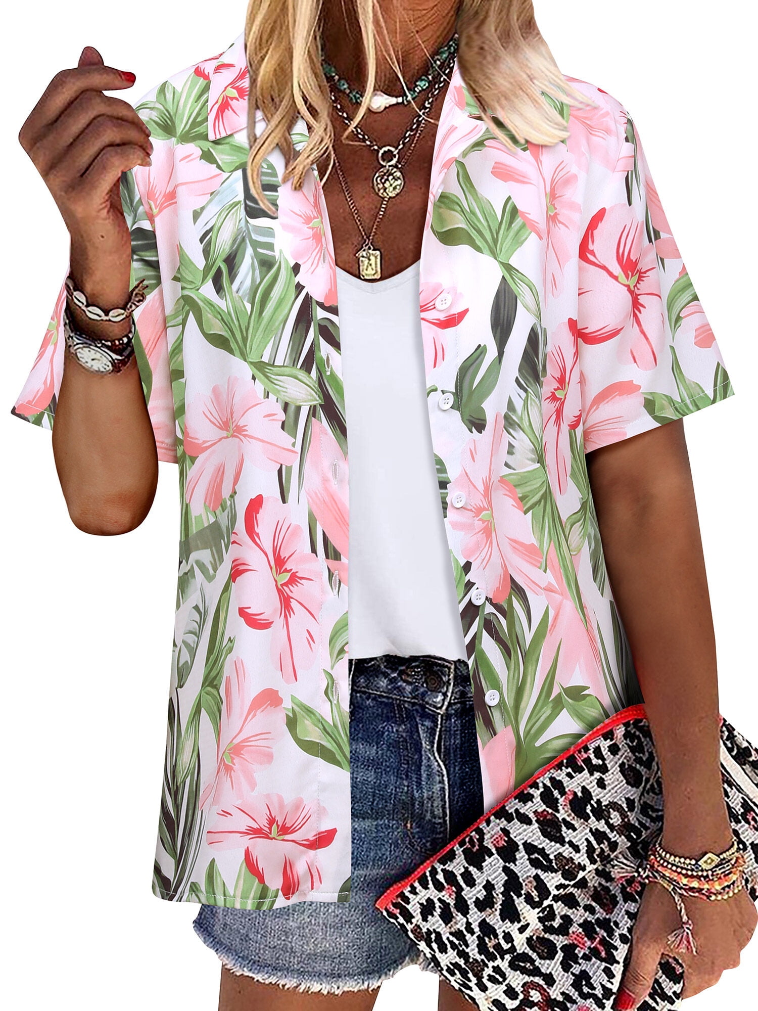 ZXSXSY Womens Hawaiian Floral Print Button-Up Short Sleeve Shirts