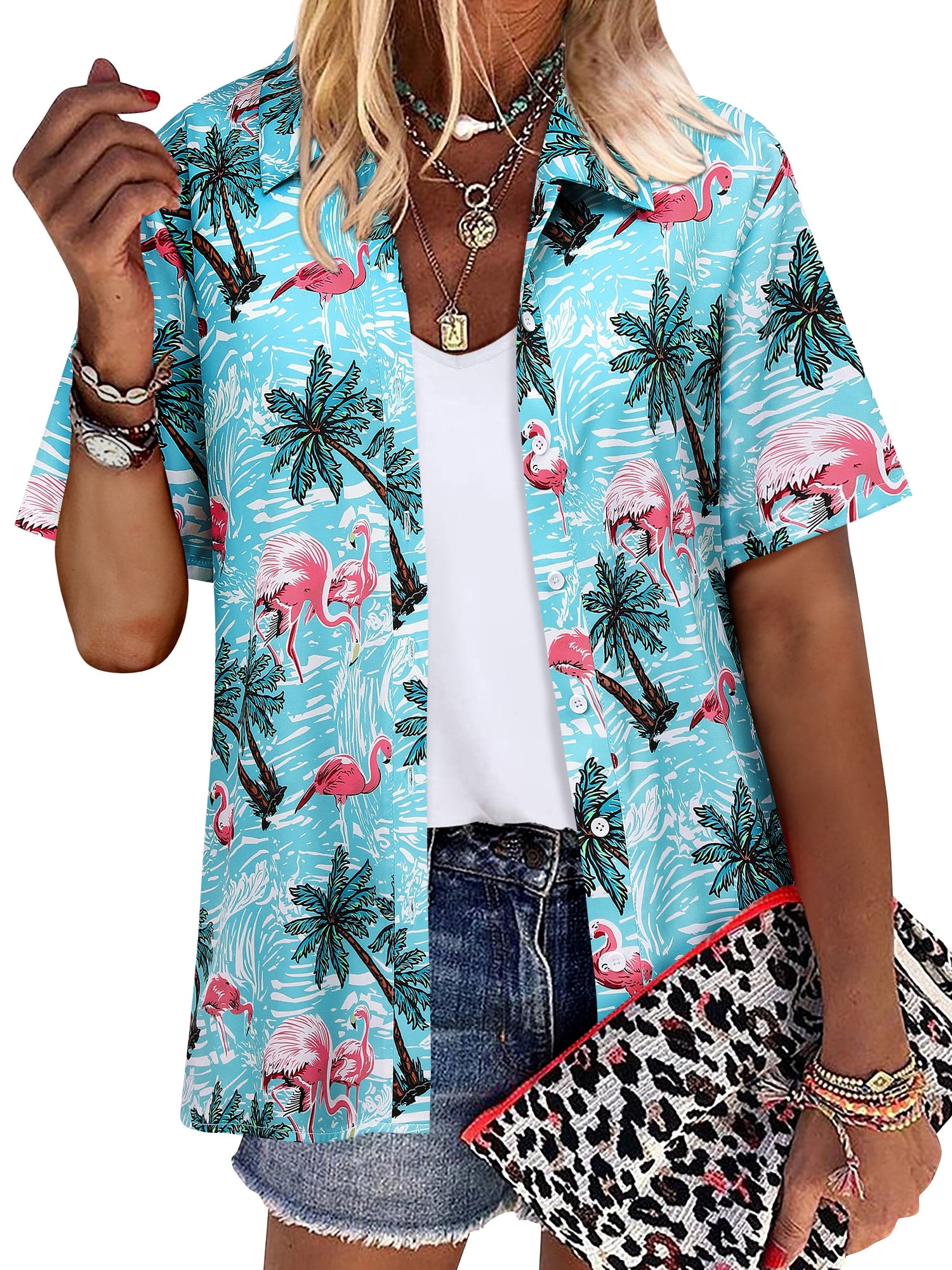 ZXSXSY Womens Hawaiian Floral Print Button-Up Short Sleeve Shirts