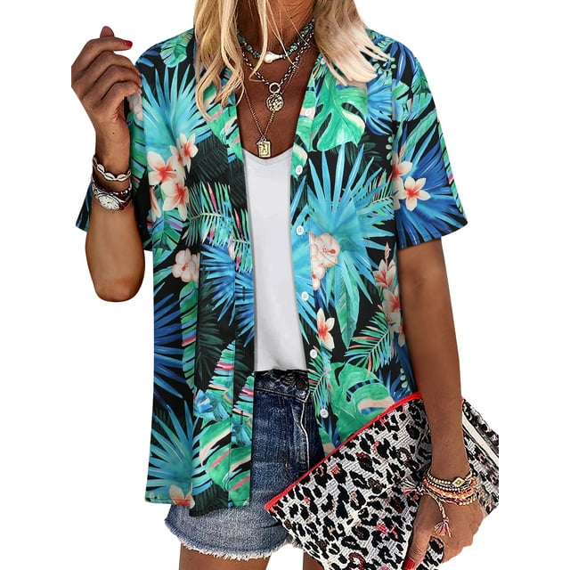 ZXSXSY Womens Hawaiian Floral Print Button-Up Short Sleeve Shirts