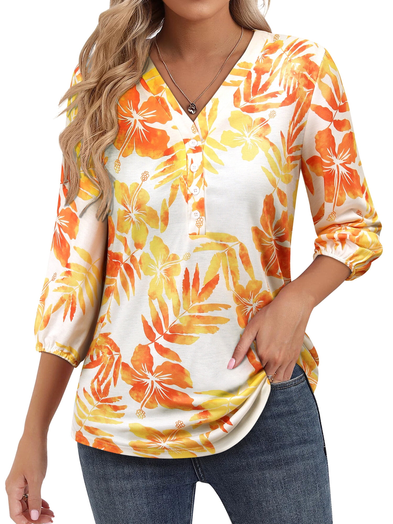 ZXSXSY Hawaiian Shirts for Women Floral Print V Neck 3/4 Sleeve