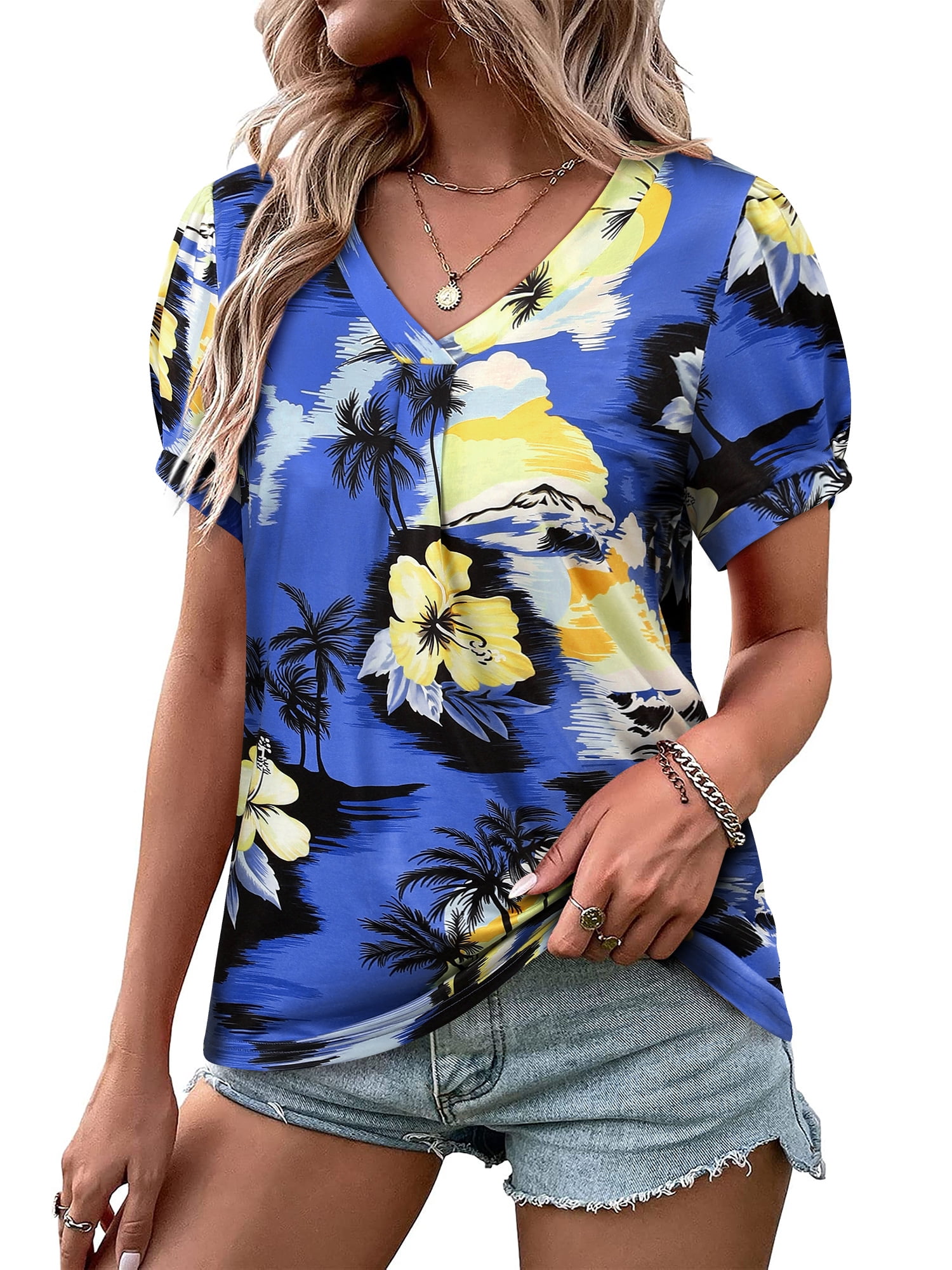 ZXSXSY Womens Hawaiian Shirt Floral Print V Neck Short Sleeve Tops