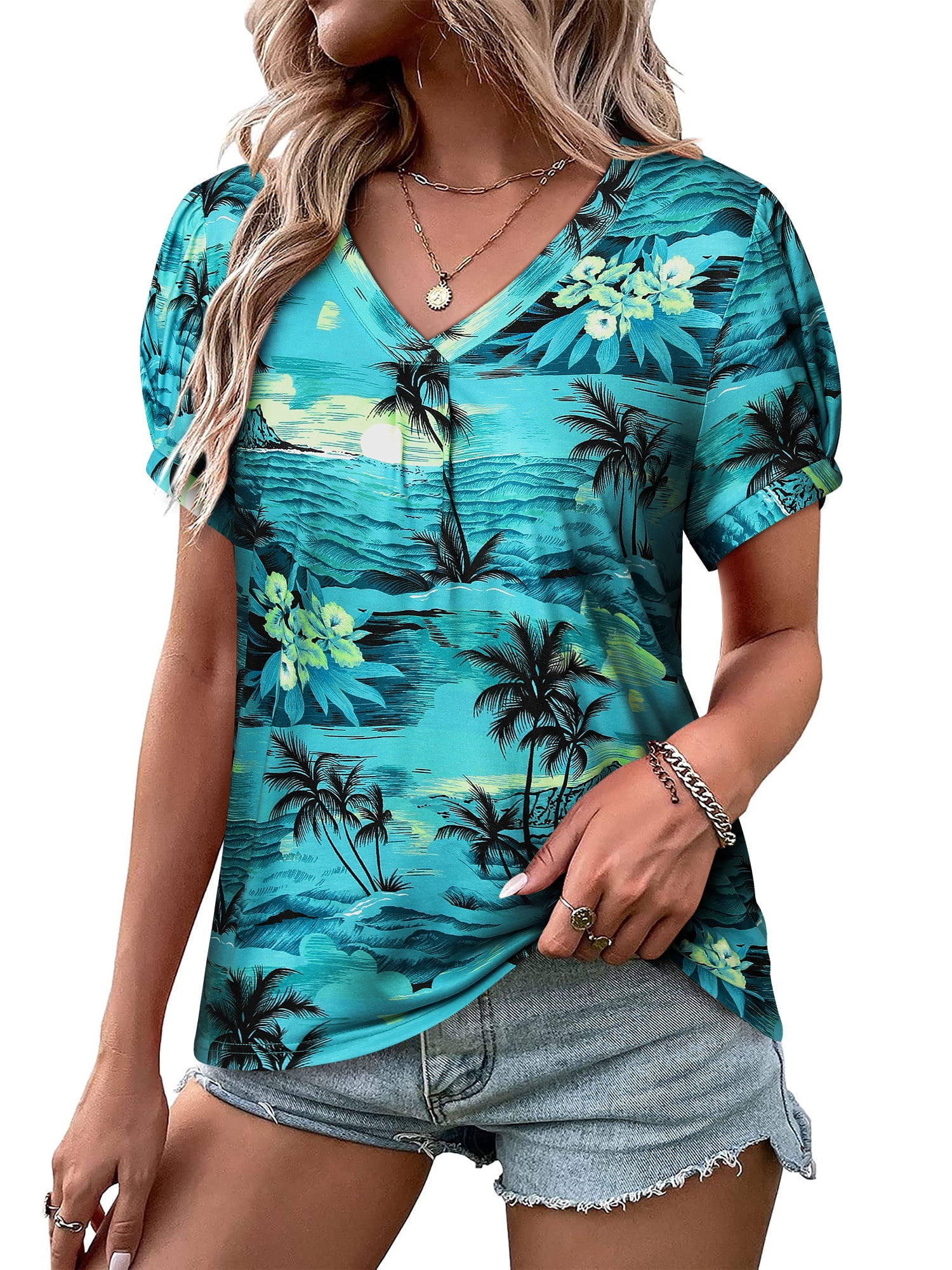 トップス A ZXSXSY Womens Hawaiian Shirt Floral Print V Neck Short Sleeve Tops