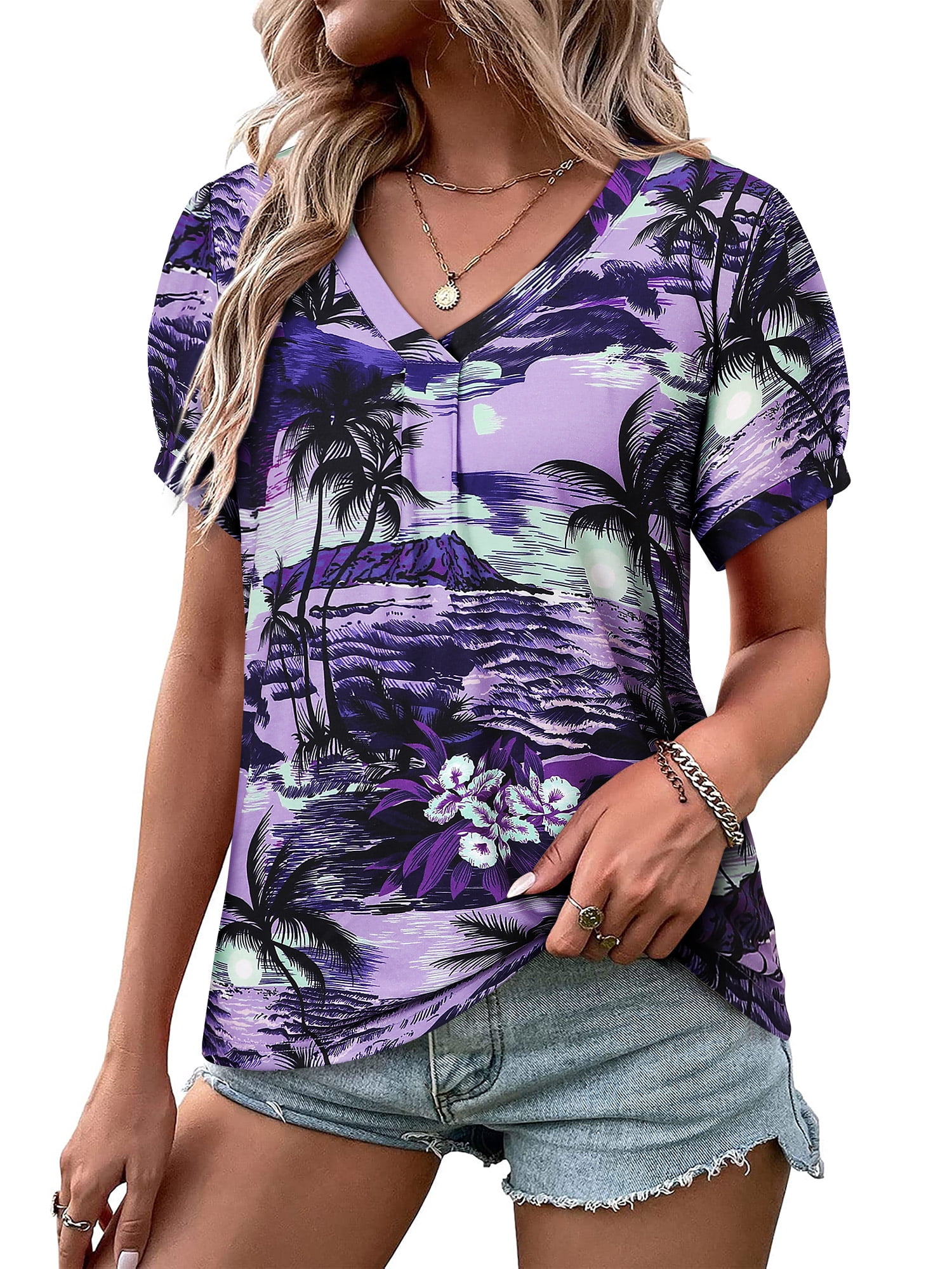 ZXSXSY Womens Hawaiian Shirts Short Sleeve Floral Print V Neck