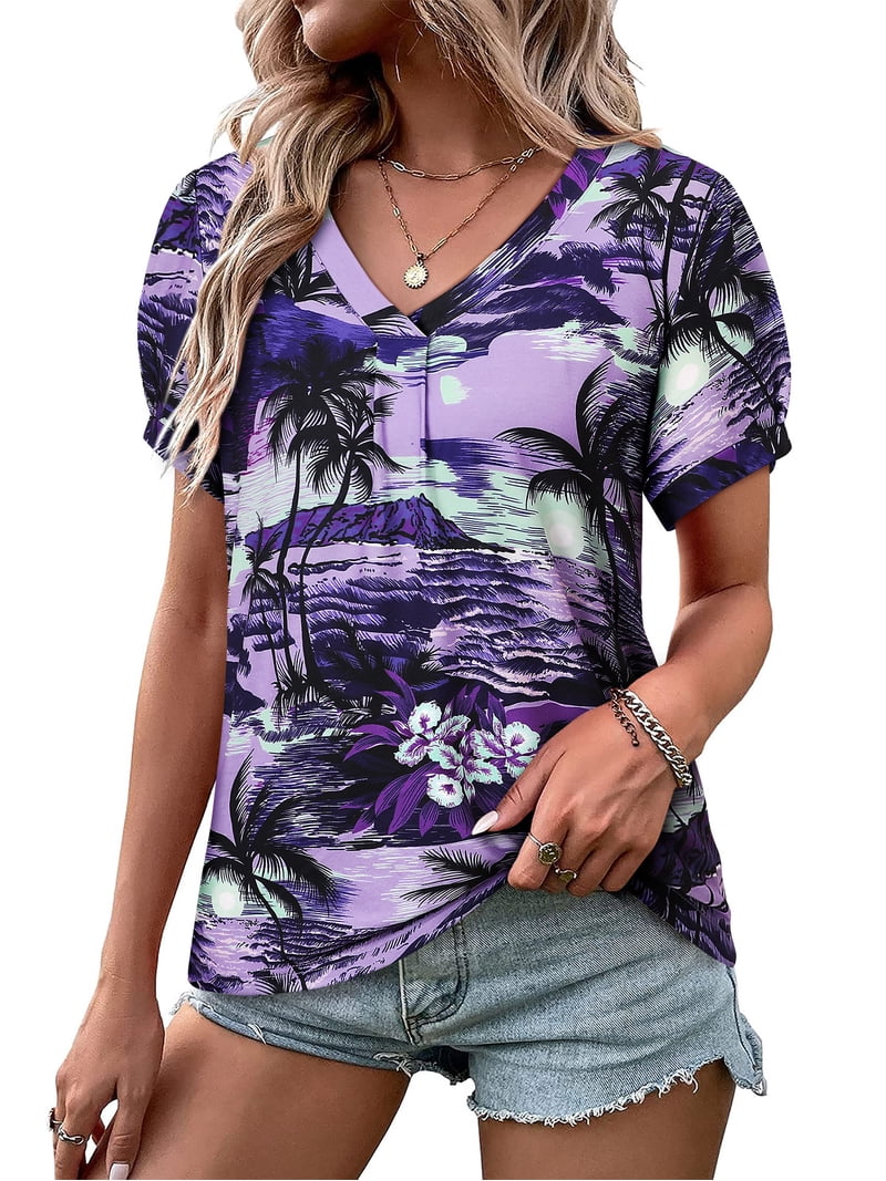 ※ハッピー※ ZXSXSY Womens Hawaiian Shirts Short Sleeve Floral Print V Neck