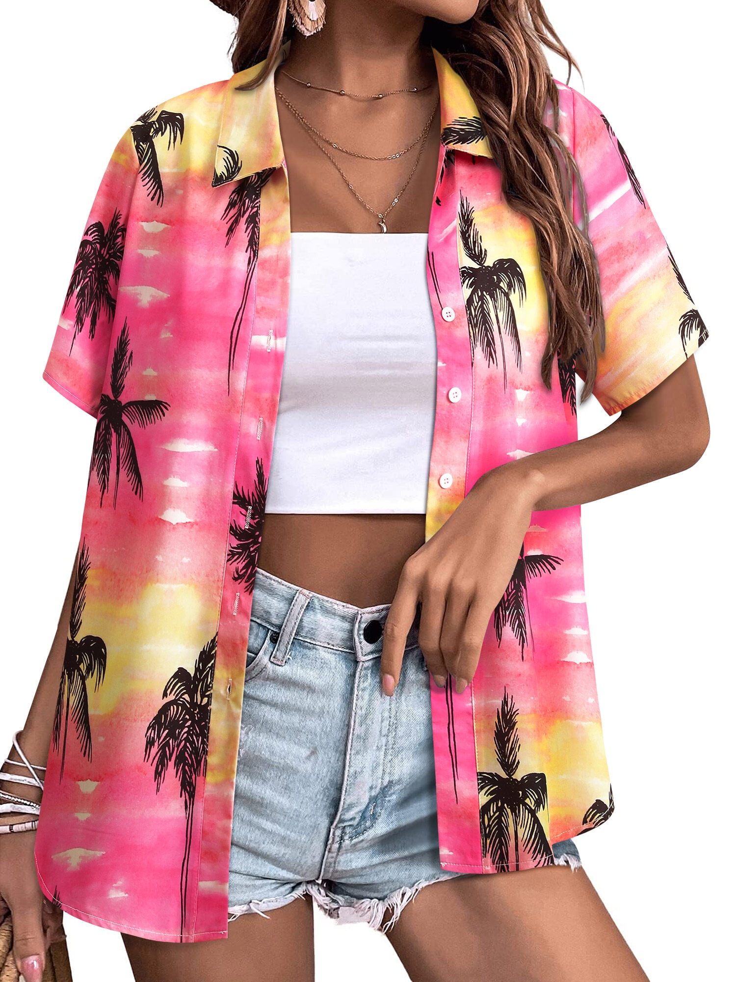 ZXSXSY Button Down Hawaiian Shirts for Women Short Sleeve Floral
