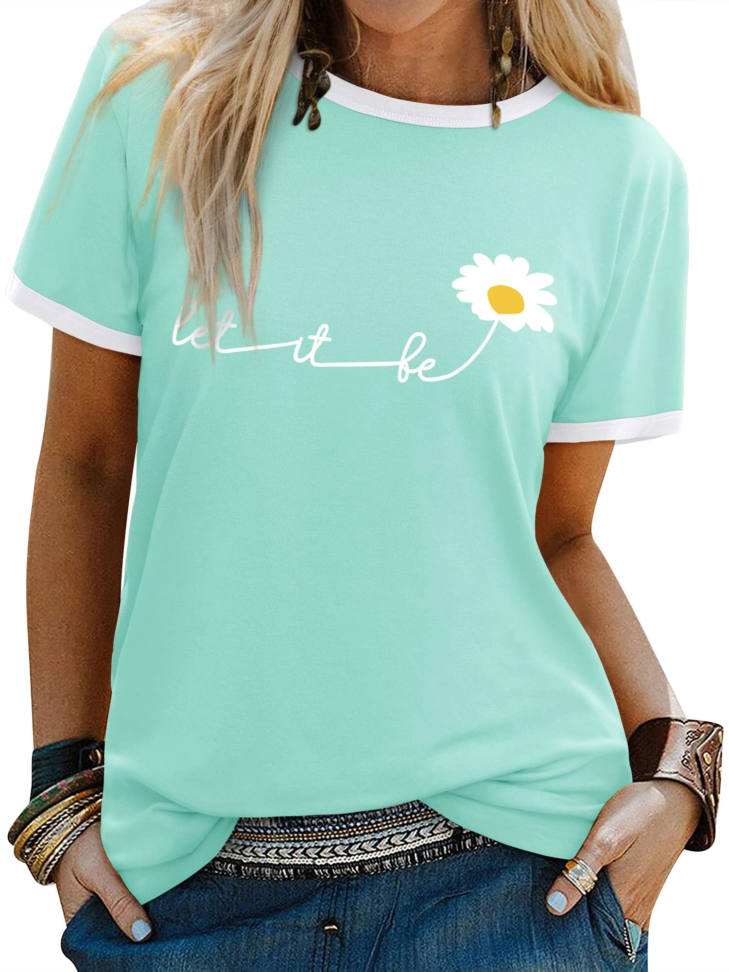 ★daisy★❤️ ZXSXSY Womens Let It Be Daisy Print T-Shirts Crewneck Short