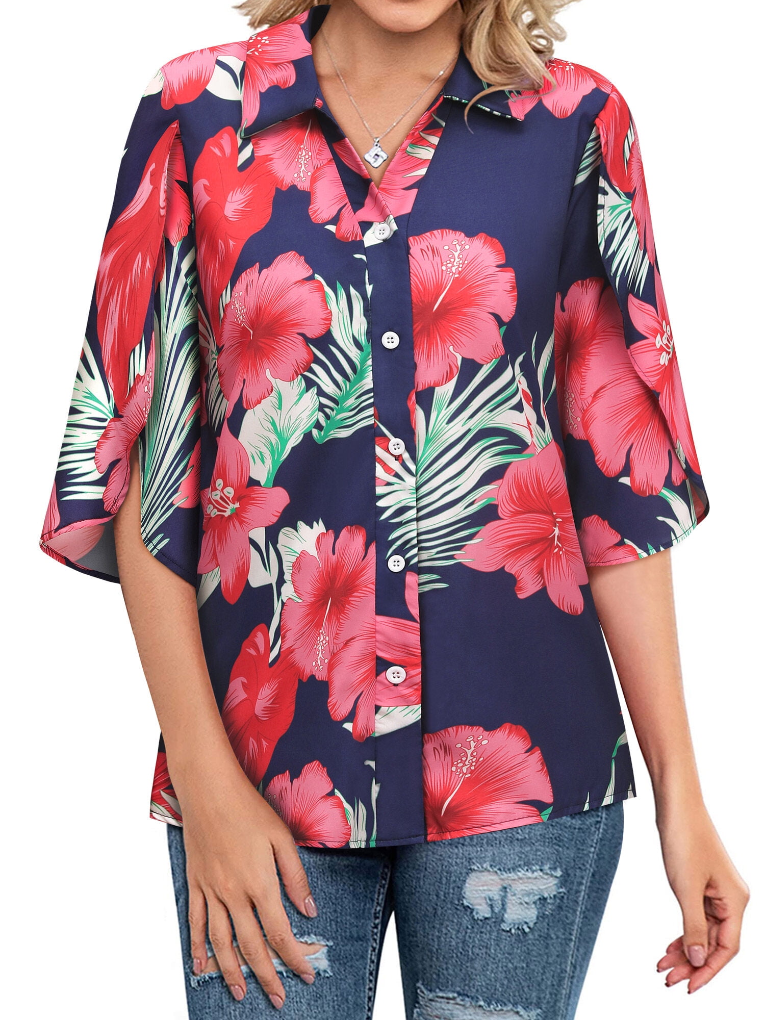 ZXSXSY Womens Summer Beach Shirts Hawaiian Tropical Floral Print Half ...