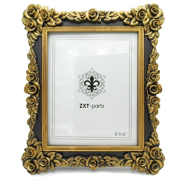 ZXT-parts 8x10 Picture Frame Flower Edge Frame. Resin Handmade Photo Frame. Glass Panel. European Style.Black Background Golden Flower.