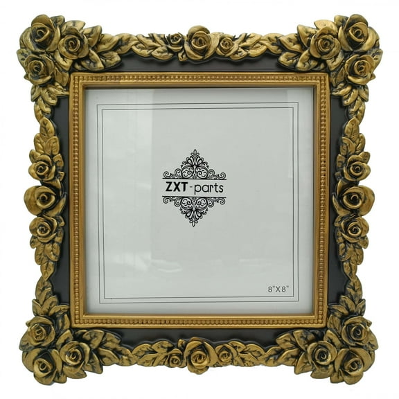 ZXT-parts 8x8 Picture Frame Flower Edge Frame. Resin Handmade Photo Frame. Glass Panel. European Style.Black Background Golden Flower.