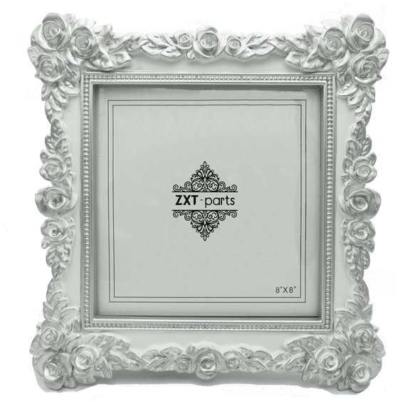 ZXT-parts 8x8 Picture Frame Flower Edge Frame. Resin Handmade Photo Frame. Glass Panel. European Style.White Background Silver Flower.