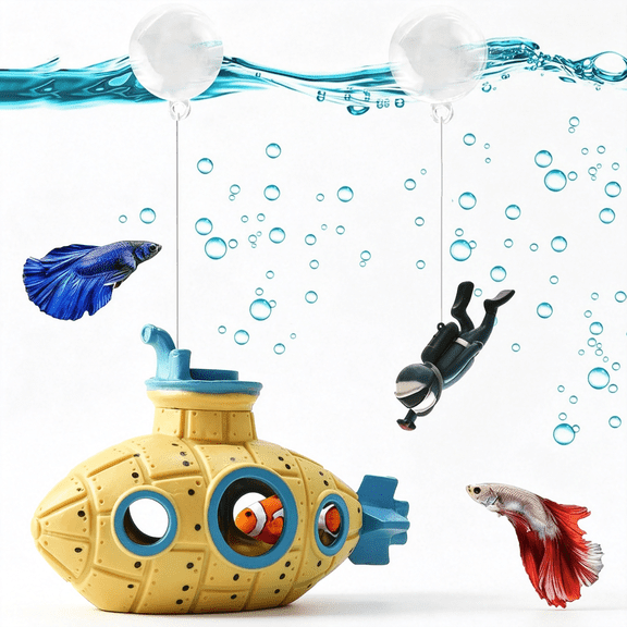 ZXYIE Floating Retro Submarine, Fish Tank Decoration for Aquarium, Yellow | Little Cute Resin Ornament Equipped with Two Float Balls, Creative Decorative Aquarium Accessory