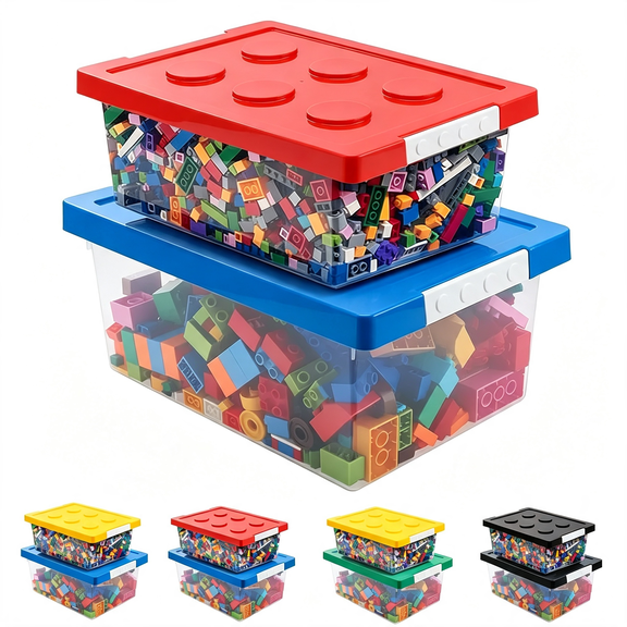 ZXYIE Plastic Storage Bins with Lids-Stackable Toy Storage Organizer Box Set of 2,Toy Chests with Compatible Building Baseplate and Lid,Storage Container for Building Bricks-Red+Blue