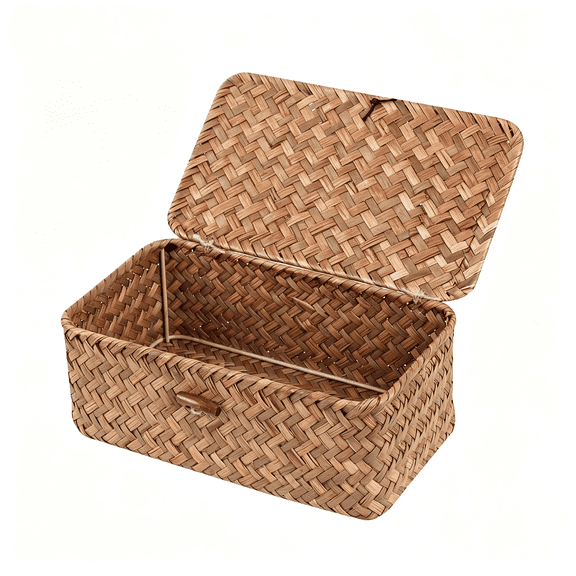 ZXYIE Wicker Shelf Baskets with Lid,Seagrass Storage Basket Bins Rectangular Handwoven Basket Boxes for Shelves Desktop Home Organizer (Coffee,X-Small)