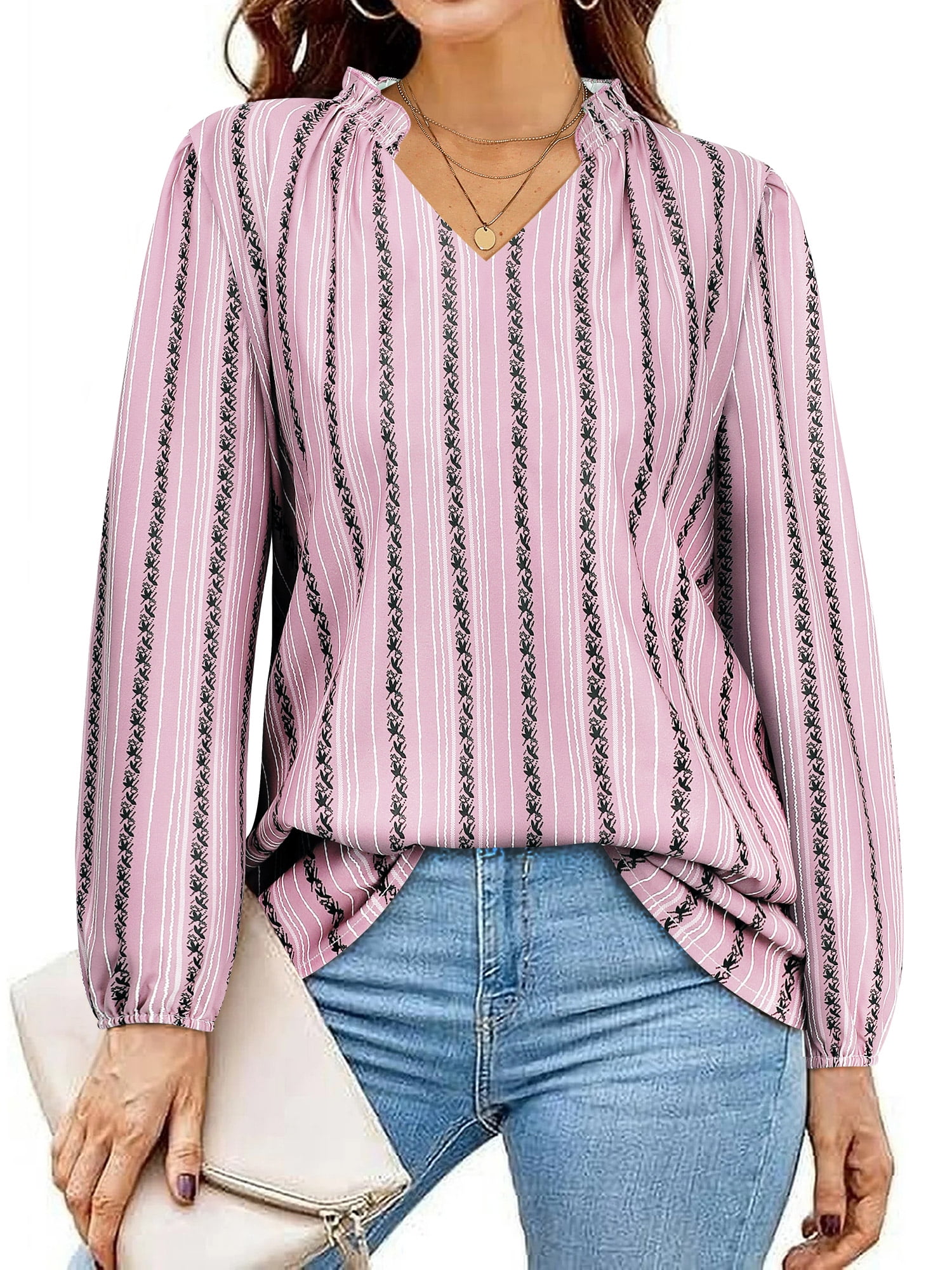 ZXSXSY Long Sleeve Shirts for Women Striped Blouses Ruffle V