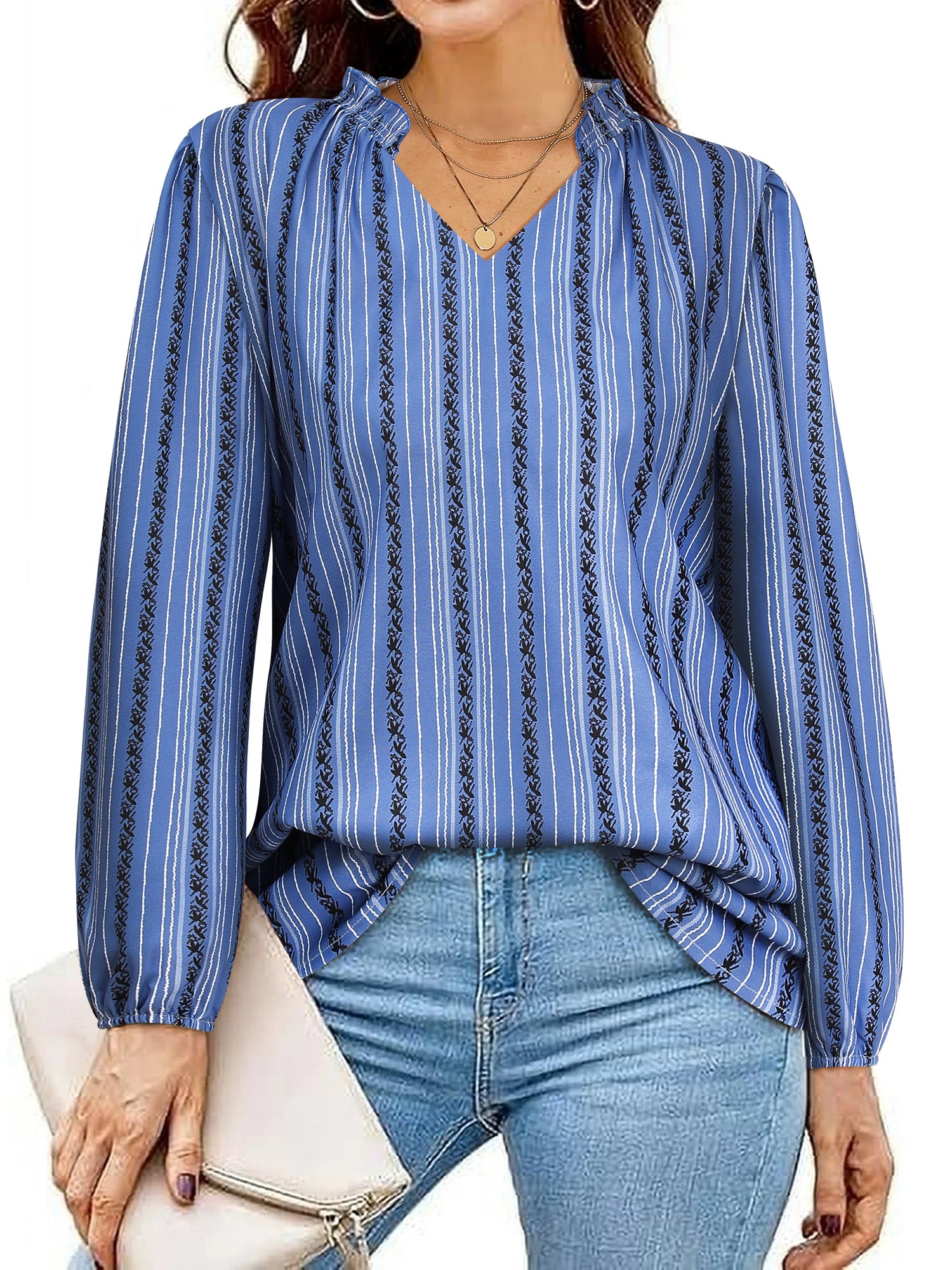ZXSXSY Long Sleeve Shirts for Women Striped Blouses Ruffle V