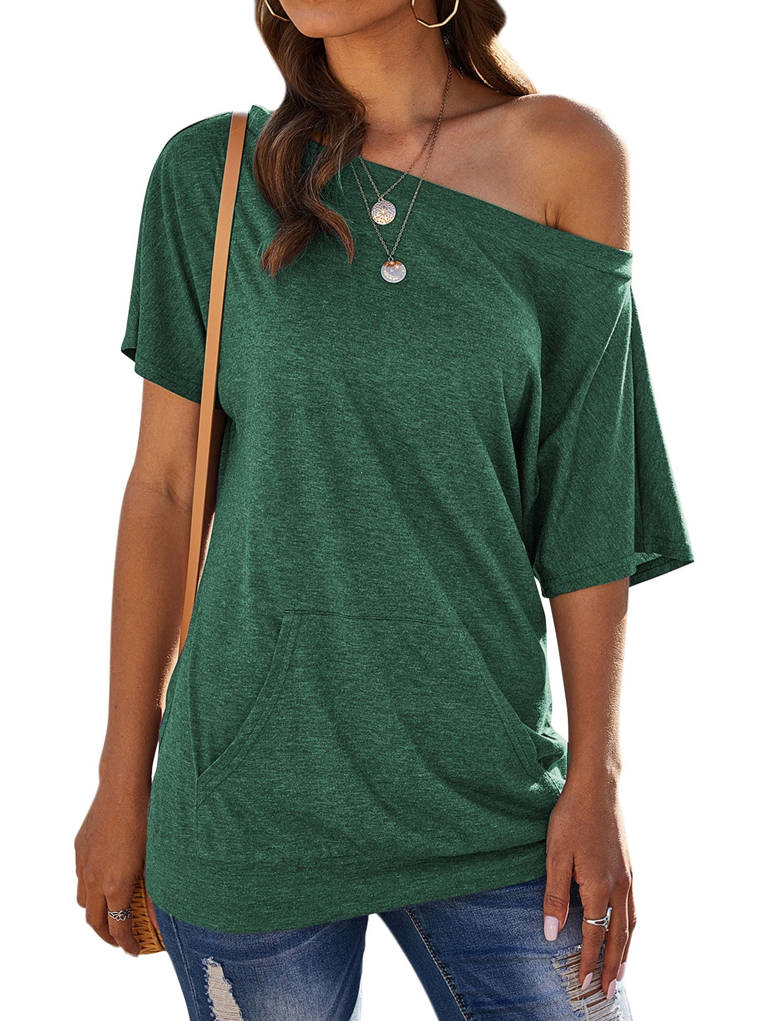 ZXSXSY Women Boat Neck Kangaroo Pocket Short Sleeve Solid