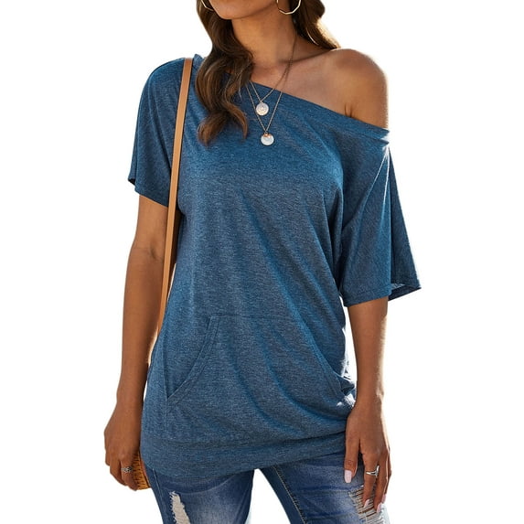 ZXSXSY Women Boat Neck Kangaroo Pocket Short Sleeve Solid Color Top