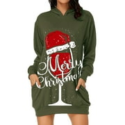 ZXZY Women Christmas Graphic Letter Print Pockets Long Sleeve Hooded Mini Dress